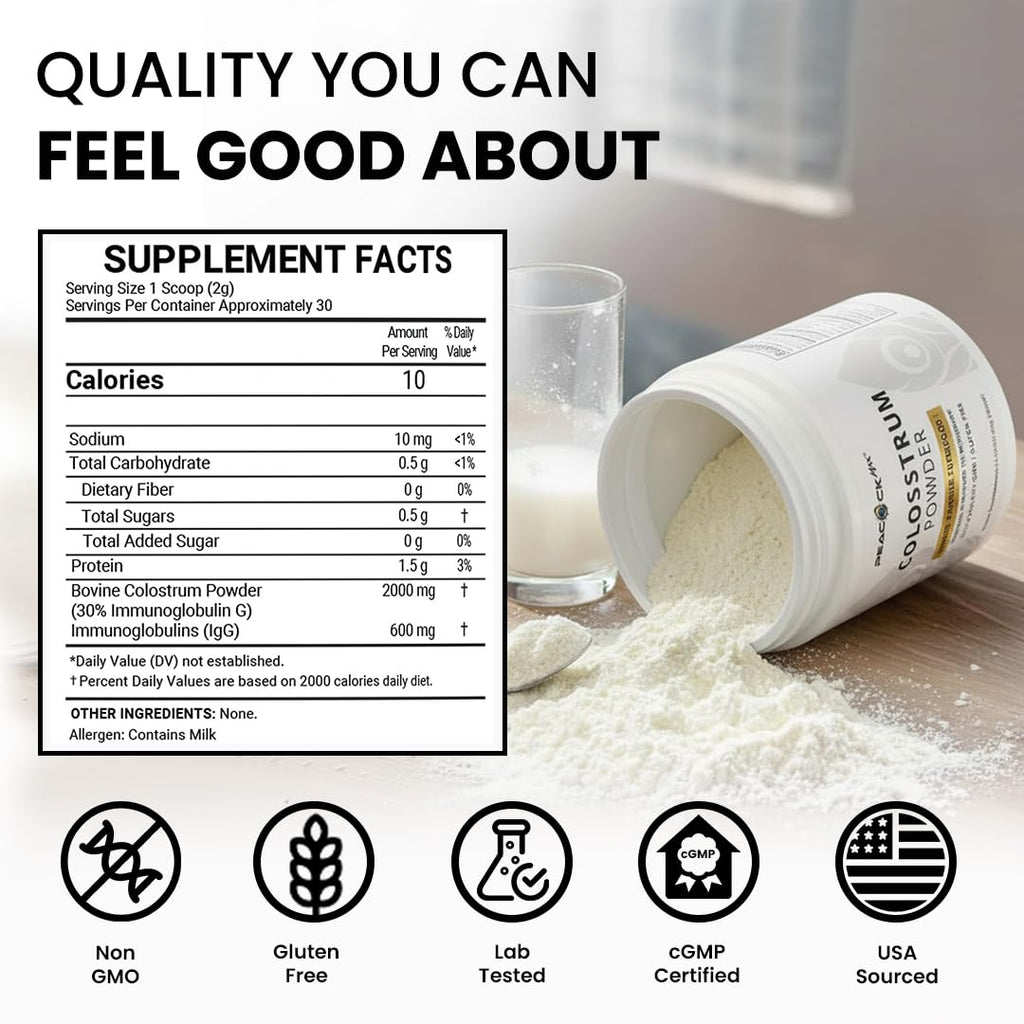 Peacock Max Colostrum Powder – 60g (30 Servings), Unflavored Bovine Colostrum Supplement, Superfood for Hair, Skin & Gut Health, Gluten-Free, Non-GMO