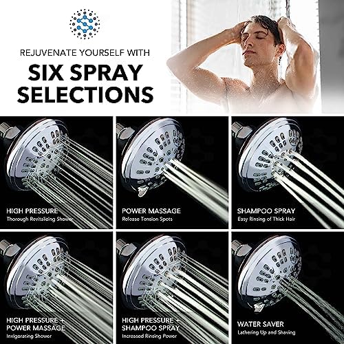 Luxury Spa Series Shower Head, 6 Spray Setting, 4.5 Inch Adjustable High Pressure Shower Head Fixture for Hard Water, 360-Degree Tilt Massage Shower System - Polished Chrome Shower Head