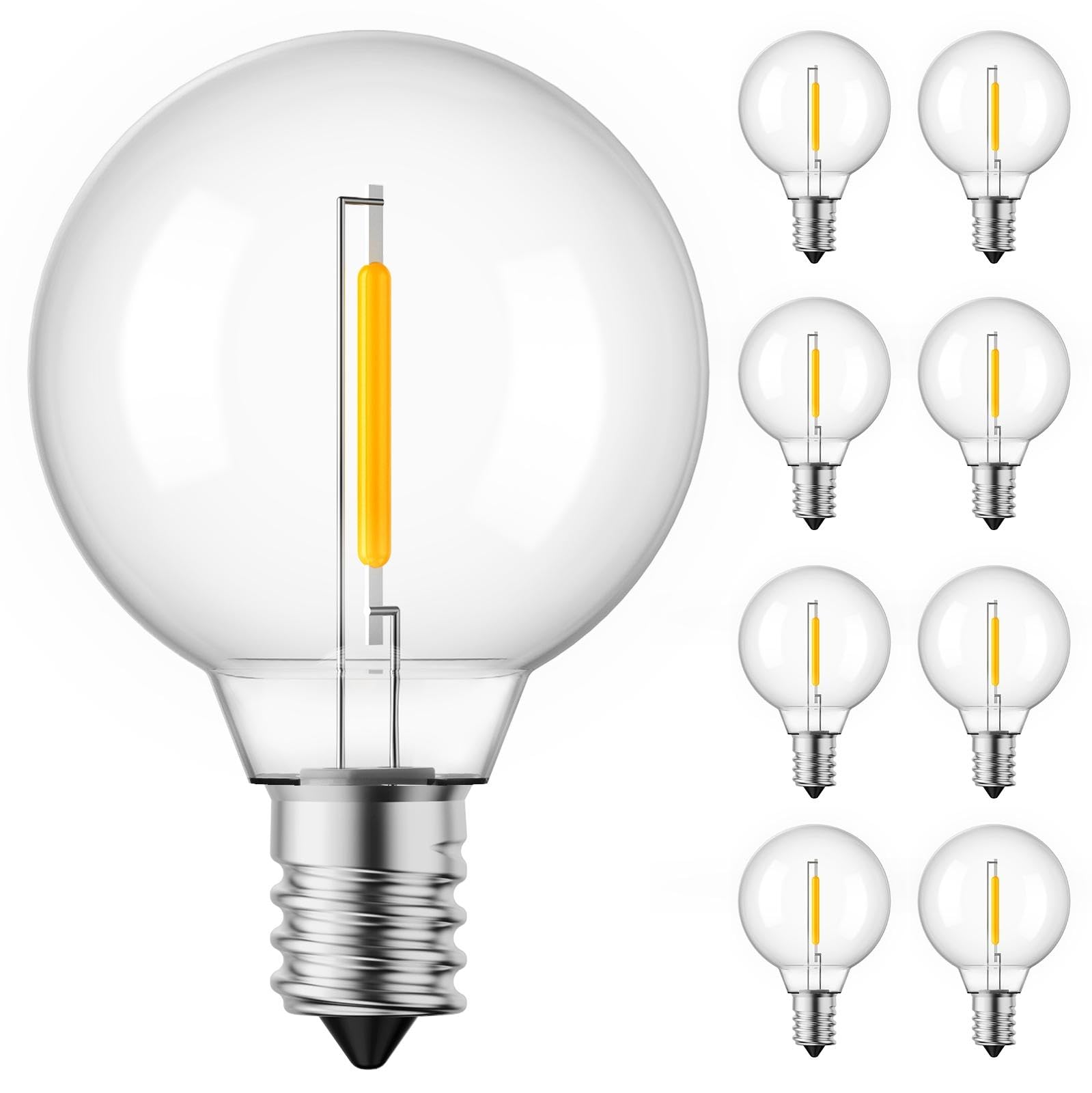 Brightown G40 Solar Replacement Bulbs, E12/C7 Candelabra Screw Base, 24V, 0.15W, 1.5 Inch Shatterproof Globe LED Bulbs for Outdoor String Lights, 2700K, Dimmable, Warm White, 25 Pack