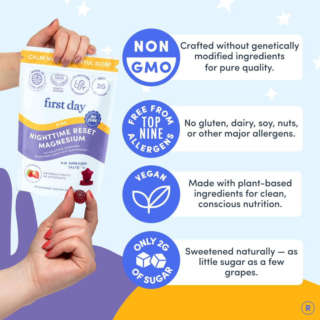FIRST DAY Magnesium for Kids Gummies – Calm Kids Magnesium Citrate Gummies to Support Sleep & Relaxation – Bedtime Supplement with Suntheanine® L-Theanine, NO Melatonin - Strawberry - 30-Day Supply