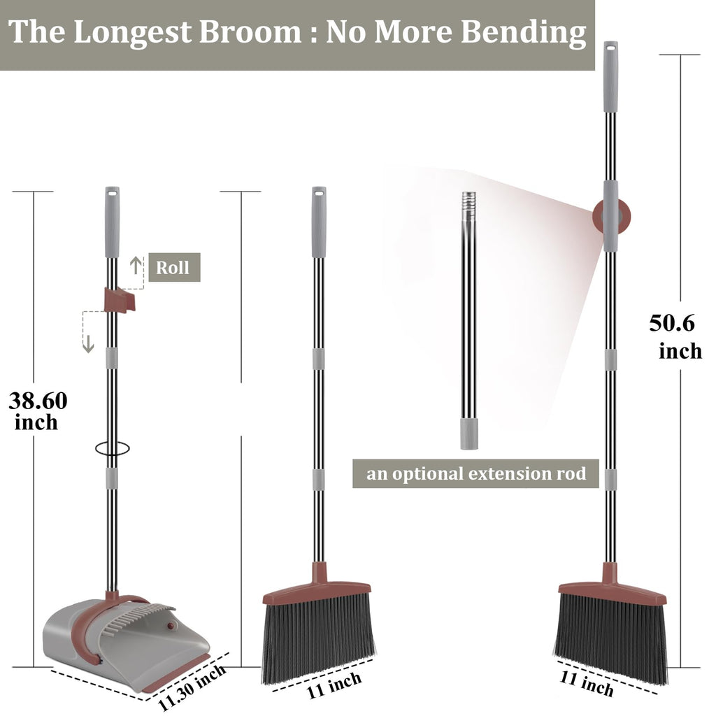Ivandar Broom with Dustpan Combo Set, 50.6 inch Long Handle, Upright Standing Broom and Dustpan Set Quiet Cleaning Tool Sweep the Floor Dust pan Removes 4 Times More Pet Hair(Brown and Gray)
