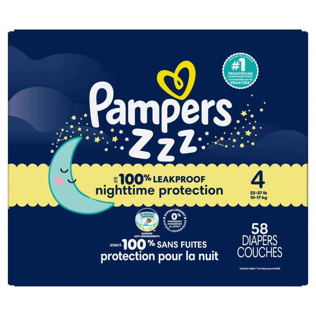 Pampers ZZZ Overnight Diapers, Size 4 (15-34 lbs), 58 Count, Nighttime Protection Disposable Baby Diaper