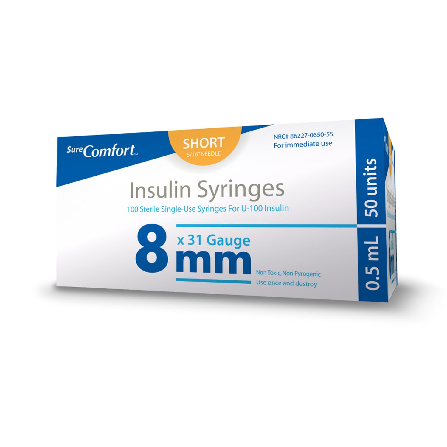 SureComfort U-100 Insulin Syringes 31G x 5/16" 1/2cc (8 mm), For Diabetes Care, Box of 100