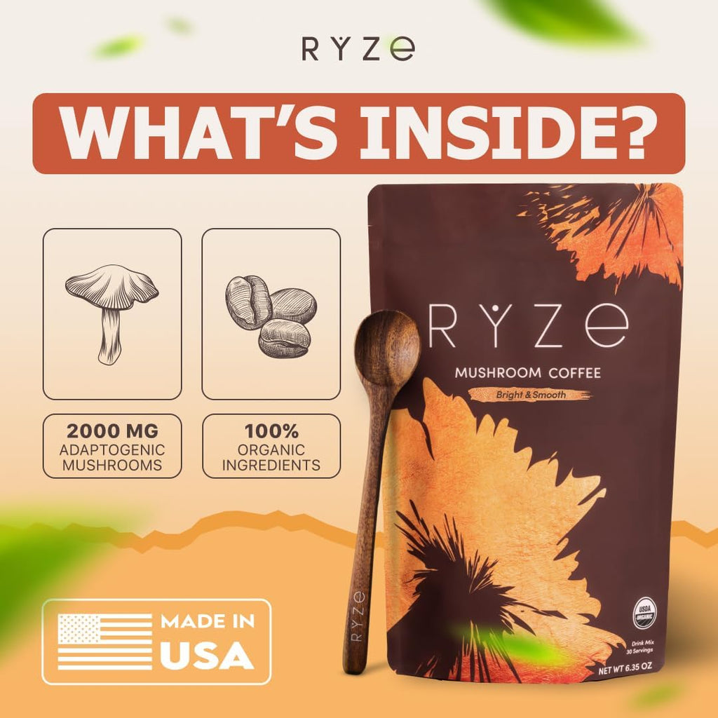 RYZE SUPERFOODS Mushroom Medium Roast Coffee Starter Kit, USDA Organic Instant Coffee with 6 Adaptogenic Mushrooms and for Energy, Focus, Digestion, Immunity with Lions Mane & Turkey Tail 60 Serving