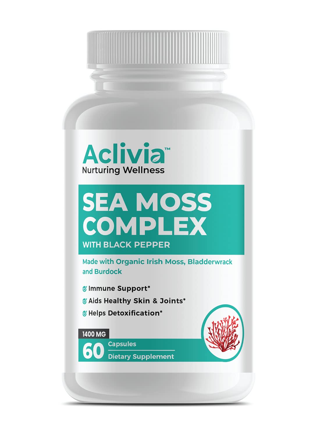 Aclivia - Organic Irish Sea Moss Capsules with Bladderwrack & Burdock Root - 102 Minerals Sea Moss Supplement - Thyroid Support, Immune Boost - Non-GMO (60 Count)
