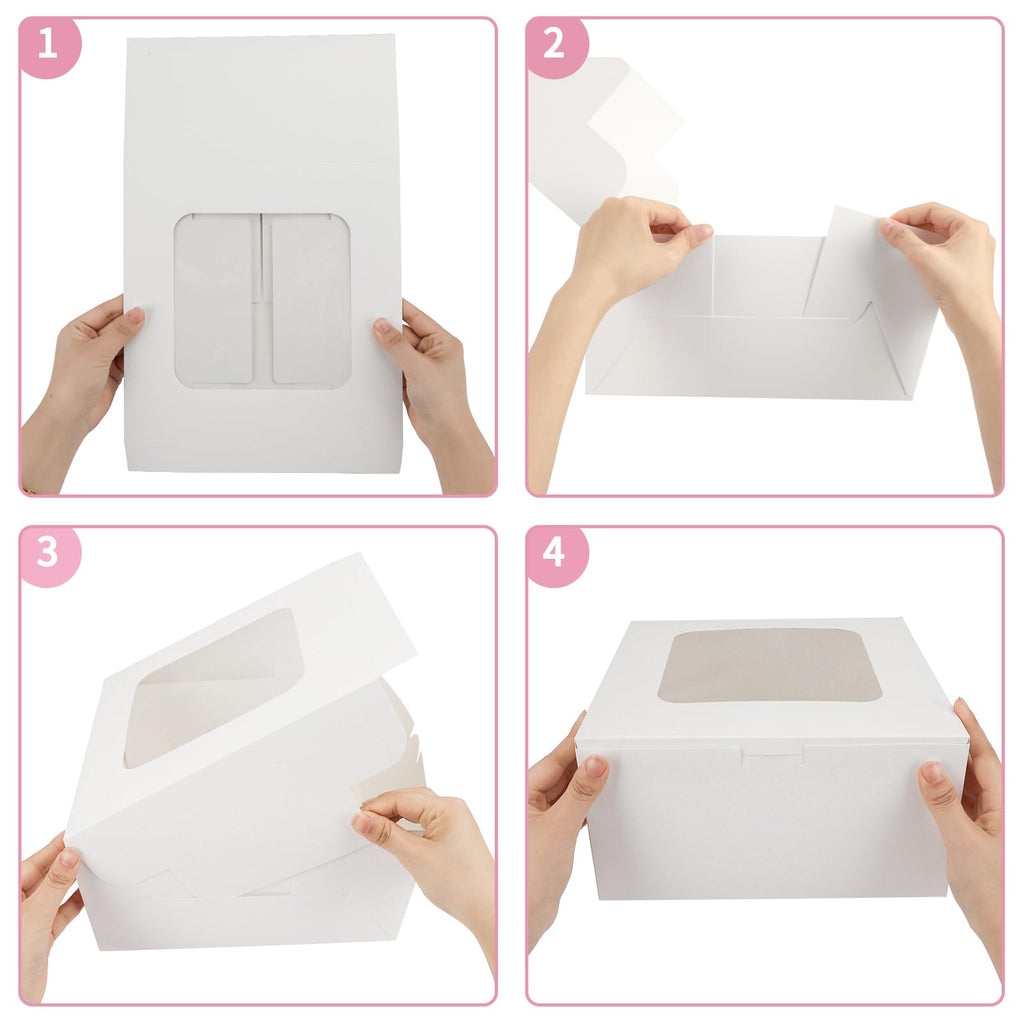 Moretoes 24pcs Cake Boxes, 10x10x5 Inches White Square Bakery Boxes with Window Cajas Pasteles for Cake, Mother's Day, Pastries, Chocolates, Cookies, Pie, Birthday Party, Wedding, Graduation