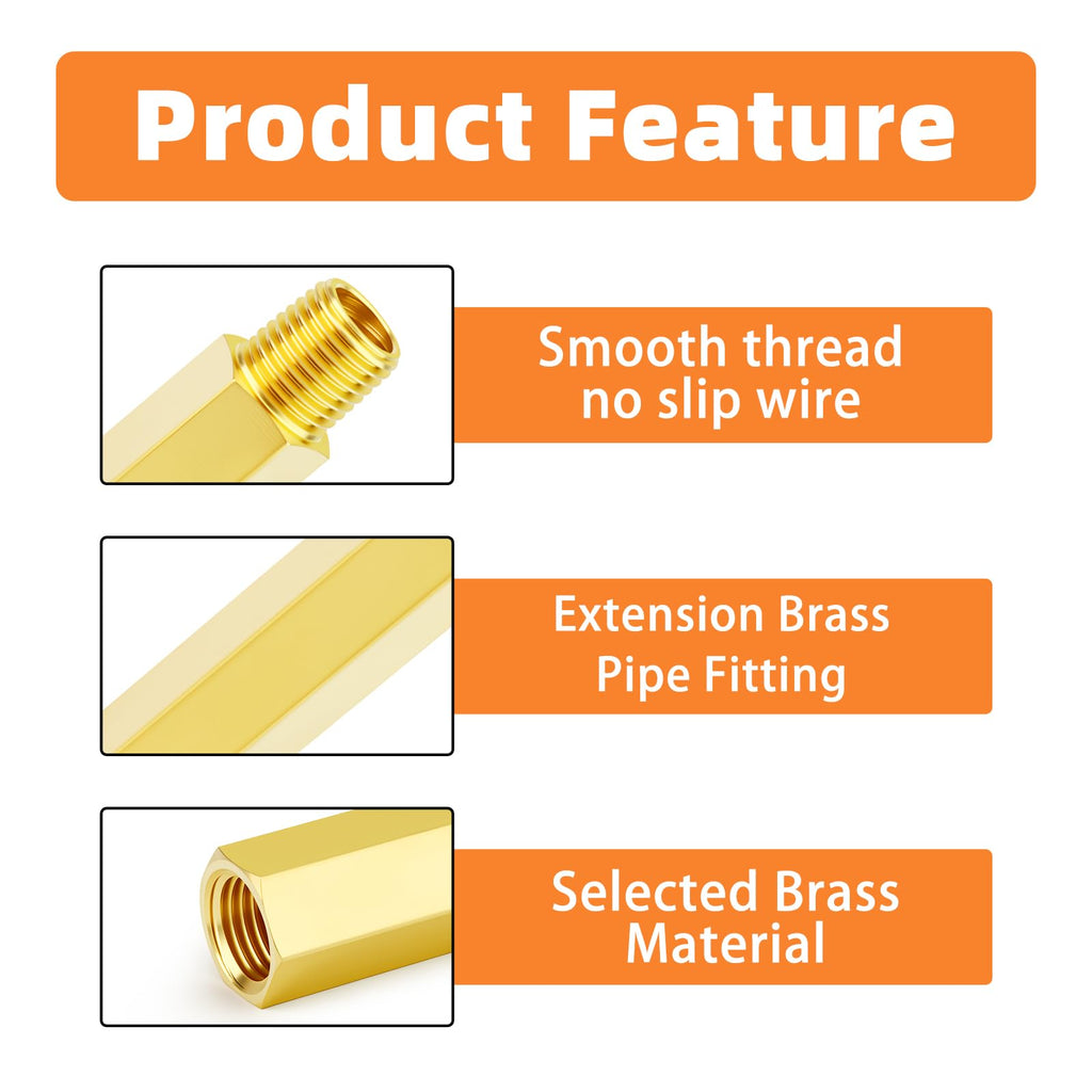 GASHER 2PCS 100mm Extension Brass Pipe Fitting, 3/8" NPT Female to 3/8" NPT Male Pipe Hex Bushing Adapter Converter Adapter