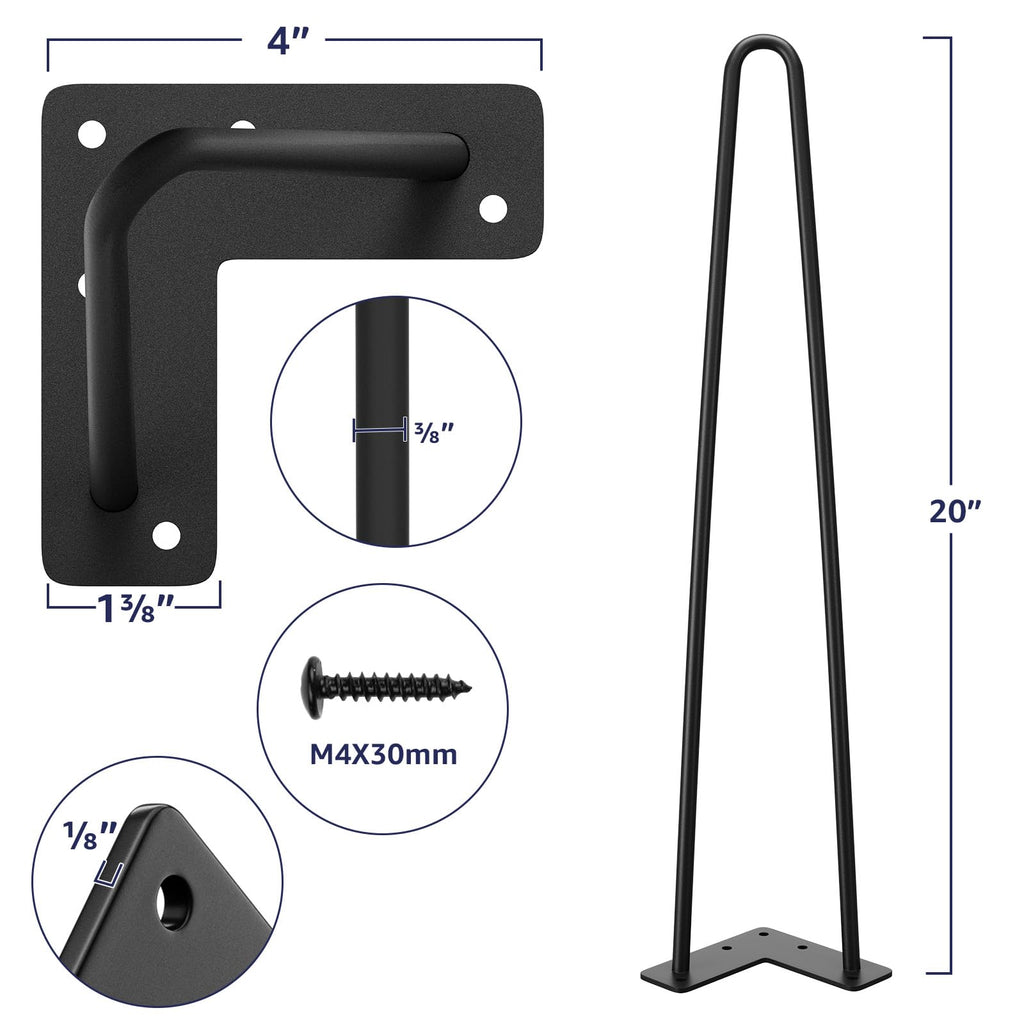 SMARTSTANDARD 20 Inch Heavy Duty Hairpin Furniture Legs, Metal Home DIY Projects for Nightstand, Coffee Table, Desk, etc with Rubber Floor Protectors Black 4PCS