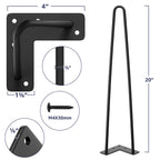 SMARTSTANDARD 20 Inch Heavy Duty Hairpin Furniture Legs, Metal Home DIY Projects for Nightstand, Coffee Table, Desk, etc with Rubber Floor Protectors Black 4PCS