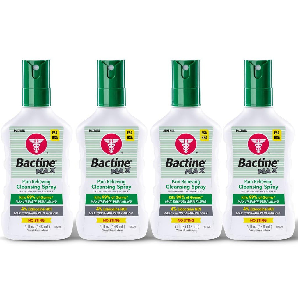 Bactine MAX First Aid Spray - Pain Relief Cleansing Spray with 4% Lidocaine - Numbing Lidocaine Kills 99% of Germs - Pain + Itch Relief for Minor Cuts & Scrapes, Burns & Bug Bites - 5oz, 4 Pack
