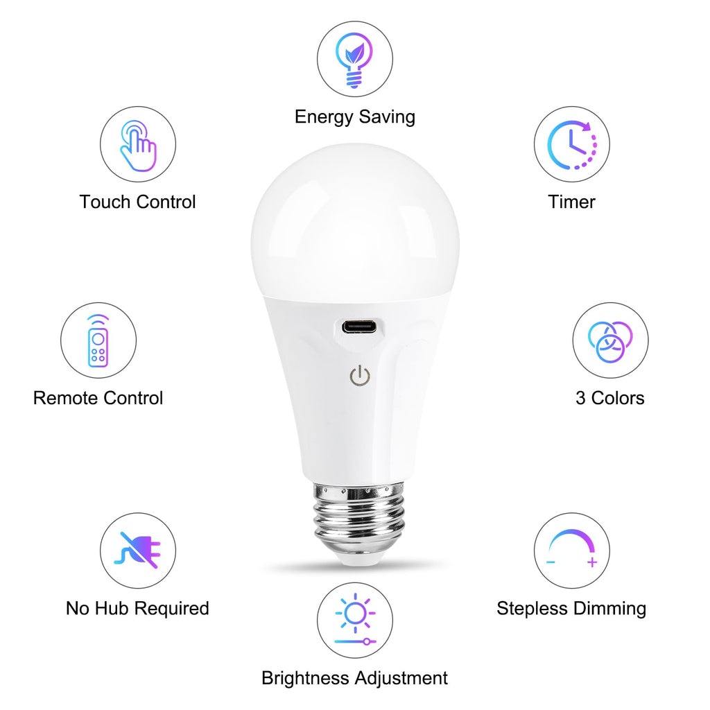 Powfloven E26 Rechargeable Light Bulbs with Remote and USB Charging, 4 Pack