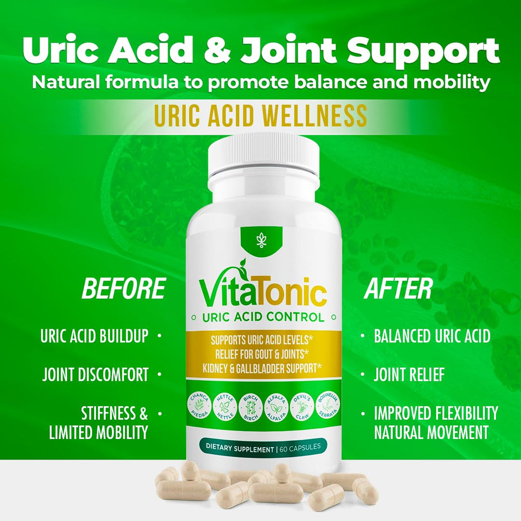 AURA VITAMINS – Vitatonic Uric Acid Balancing Aid for Both Genders - Herbal Joint Care Detox Solution – Enhance Mobility - GMO-Free, Gluten-Free - 60 Capsules. (1)