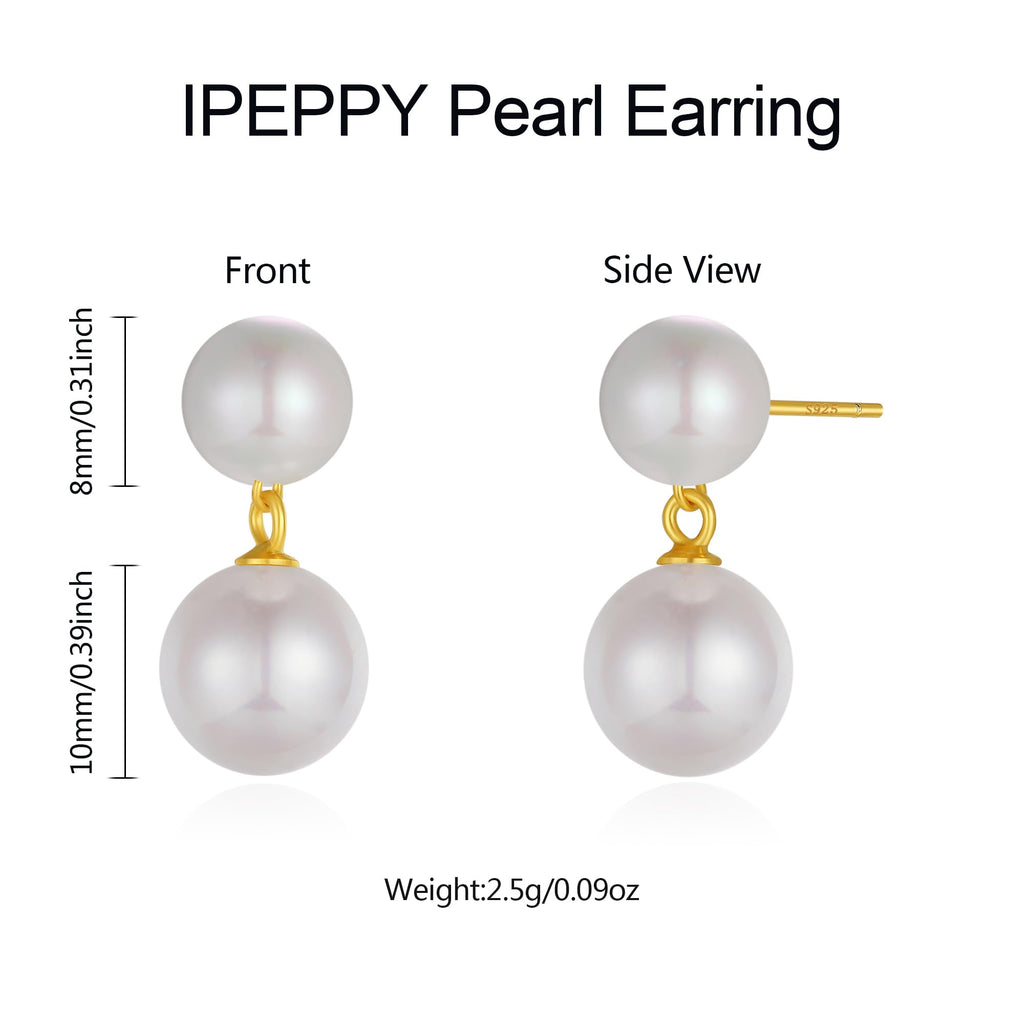 IPEPPY Double Pearl Drop Earrings for Women 925 Sterling Silver (Gold)