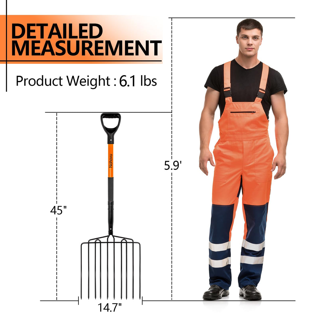 Nohovu Pitchfork for Gardening, 10 Tines Pitch Fork with Non-Slip Handle, Heavy Duty Pitch Fork for Mulching, 45 Inches