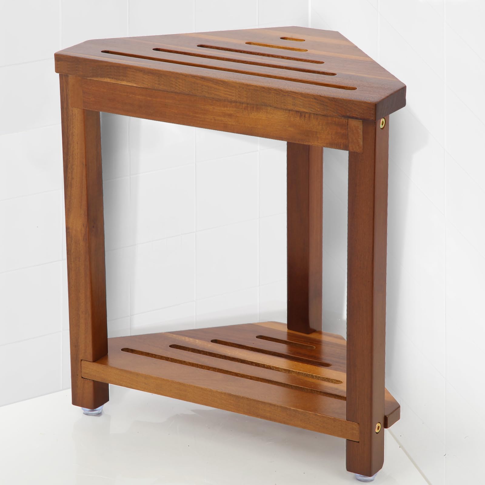 IBosins 16in Shower Foot Rest Corner Shower Stool for Shaving Legs with Storage Shelf Small Bench for Inside Shower to Sit on Bath Seat - Acacia Wood