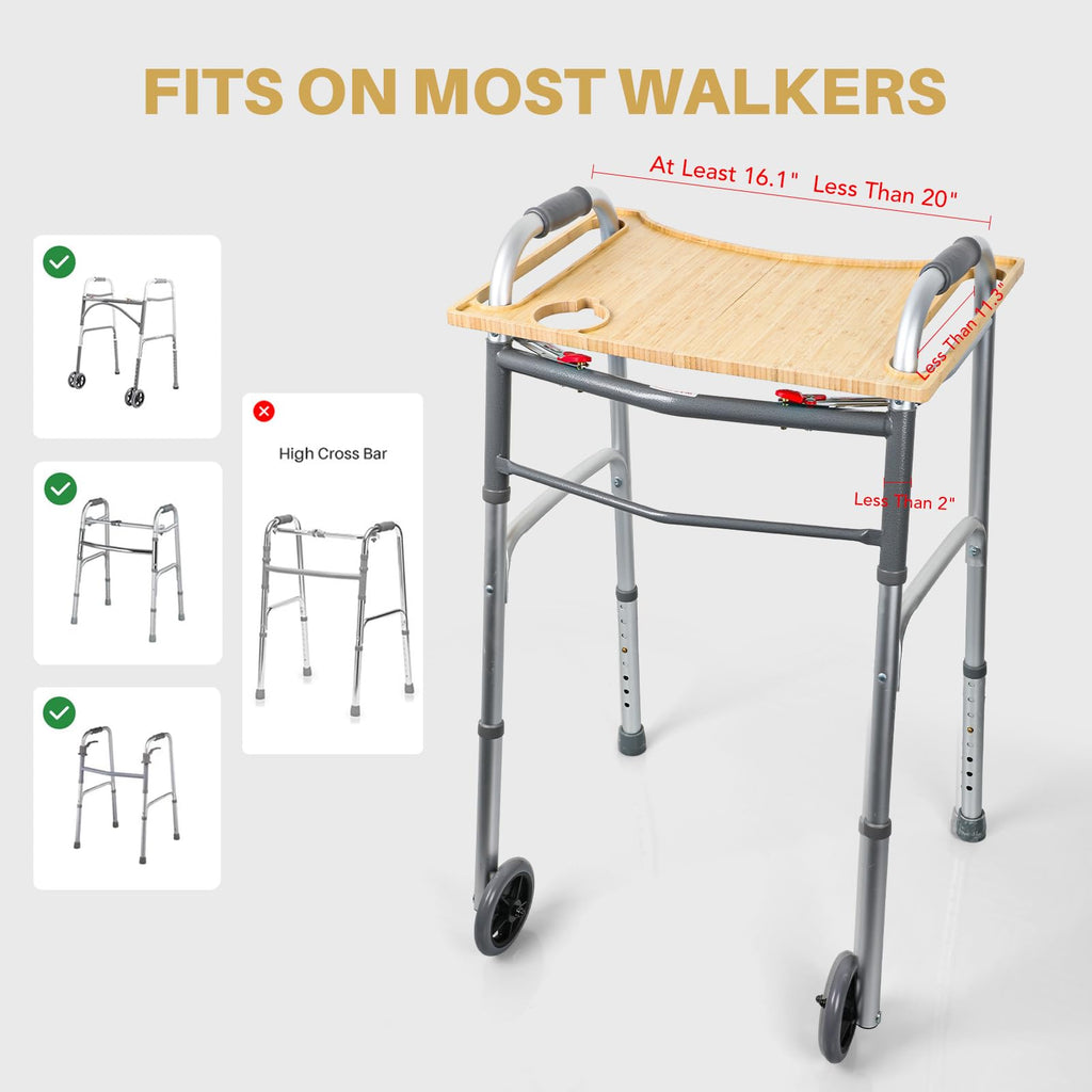 Walker Tray Table with Cup Holder Mobility Table Tray for Folding Walkers Foldable, Portable Multipurpose Bamboo Tray for Eating, Crafts, Laptops Medical Equipment Accessories