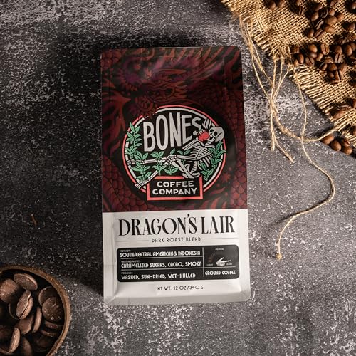 Bones Coffee Company Dragon's Lair Flavored Coffee Beans, Dark Roast Ground Coffee Low Acid (12 oz)