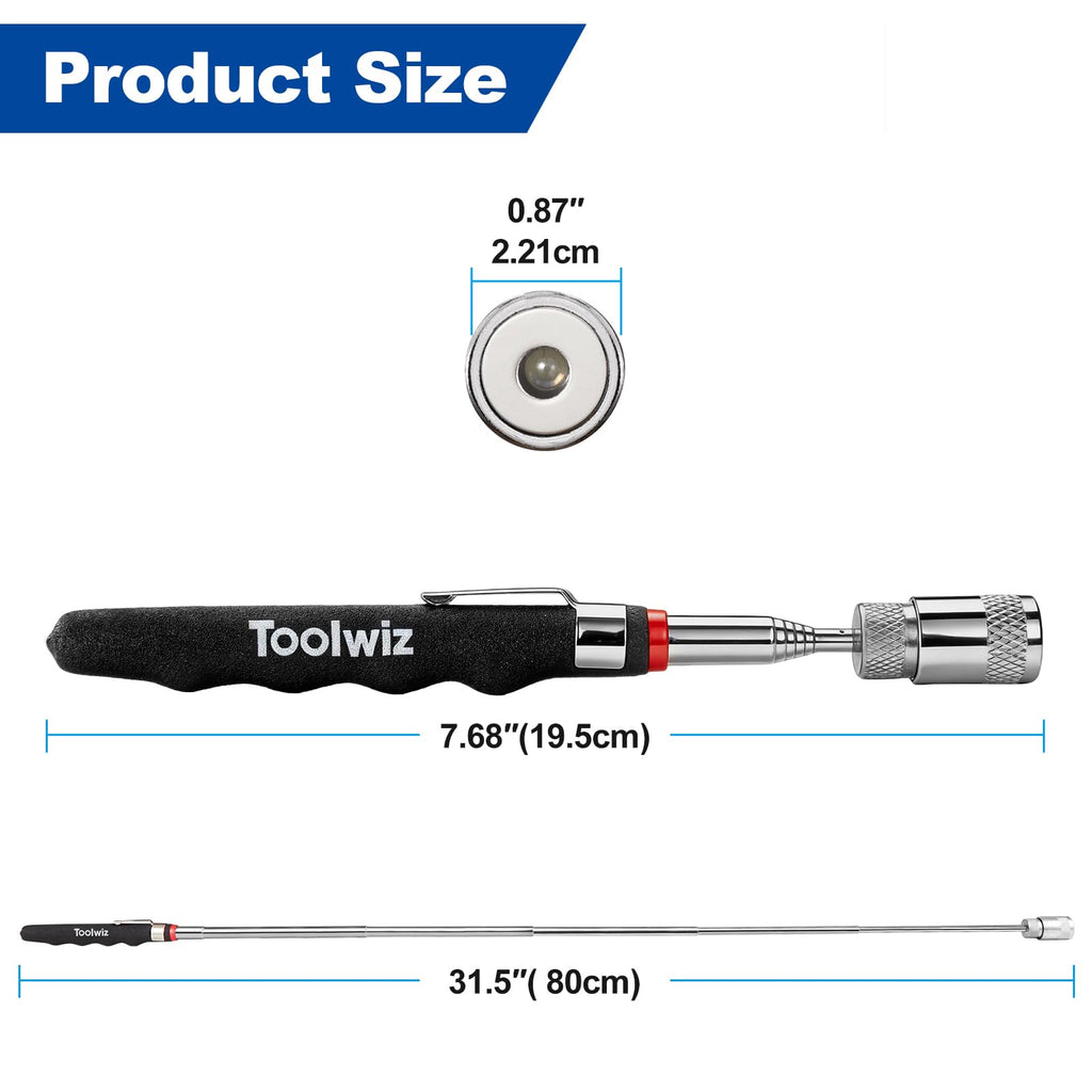 Toolwiz 17" Rolling Magnetic Sweeper 10lbs, with 8 lbs Telescopic Magnetic Pick Up tools with LED light–Lightweight Pick-up Sweeper with Wheels for Nails, Screws & Metal Debris Home Use Workshop