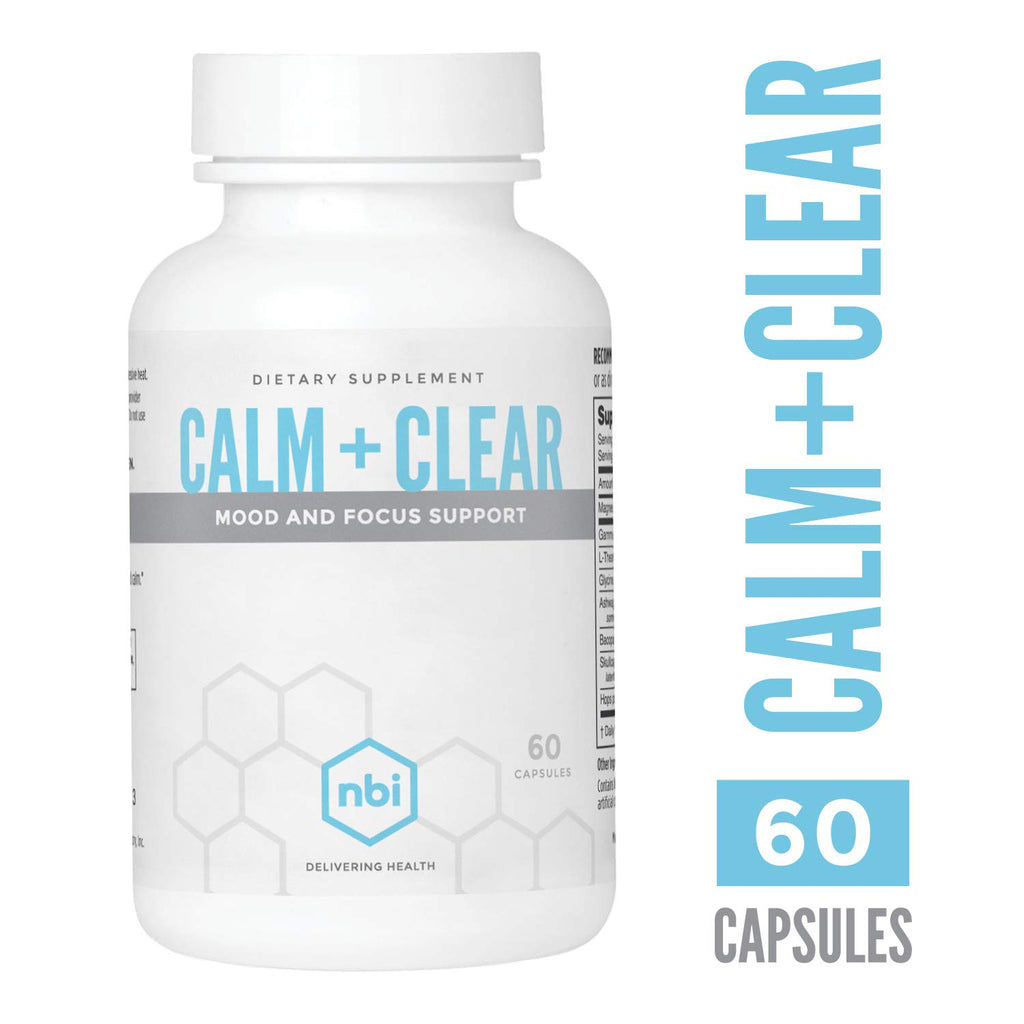 NBI Calm + Clear Mood and Focus Support | Natural Stress and Adrenal Support with Magnesium, GABA, Ashwagandha, L-Theanine, Glycine, Bacopa, Skullcap, and Hops Powder | 60 Count Capsules