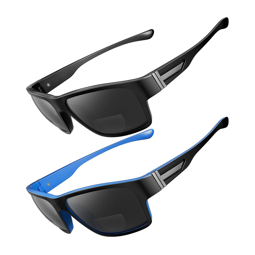 SKYOAK 2 PACK Upgraded Unbreakable Bifocal Reading Sunglasses Men TR90 Frame Wrap Around Design Glasses UV400 Protection Outdoor Sun Reader Sports/Driving (Black & Blue +2.5)