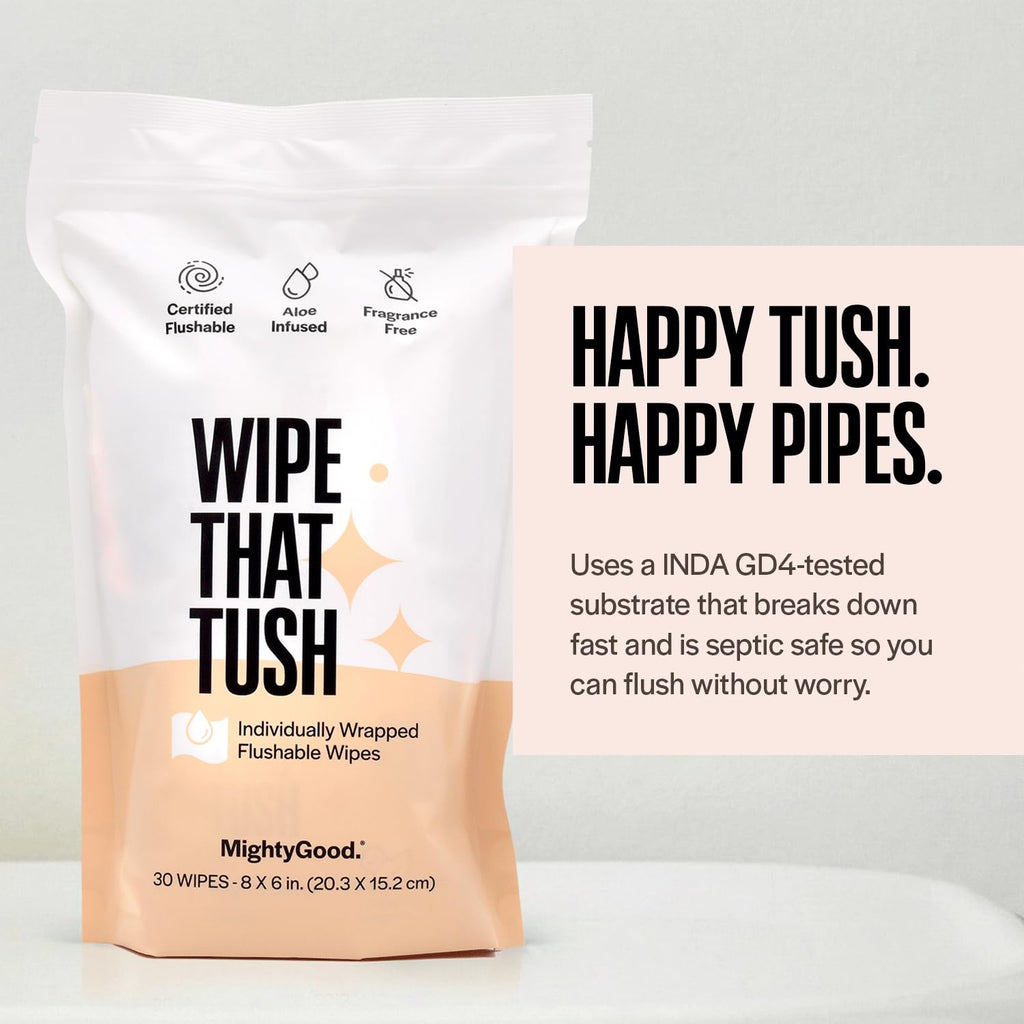 Wipe That Tush On-The-Go Flushable Wipes - 4 Packs of 30 Individually Wrapped Wipes, 120 Total - Fragrance Free - Extra Large & Soft - Hypoallergenic With Aloe & Vitamin E - Septic-Safe