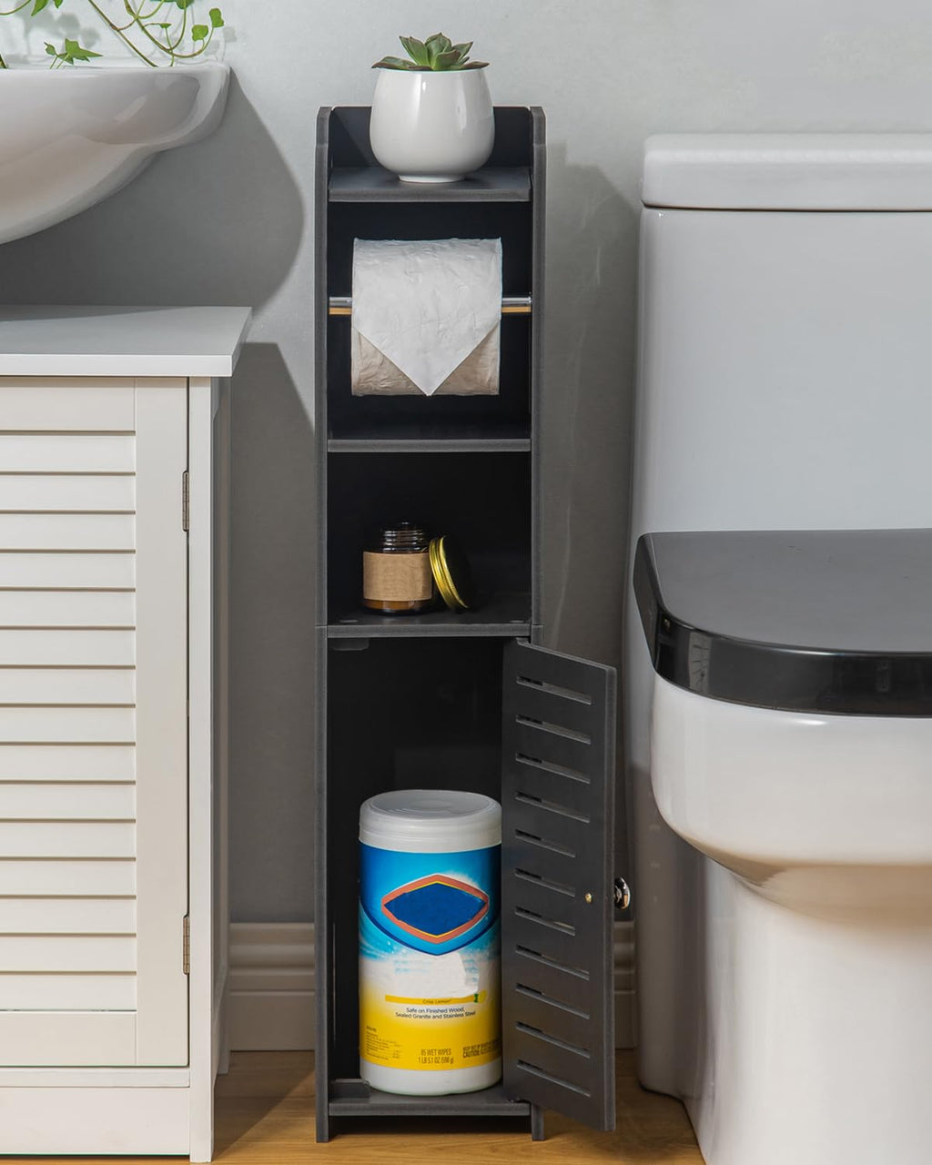 AOJEZOR Toilet Paper Holder Stand: Freestanding No Drill PVC Bathroom Storage for Apartment Renters -Protect Rental Deposit- Small Space Storage Solution