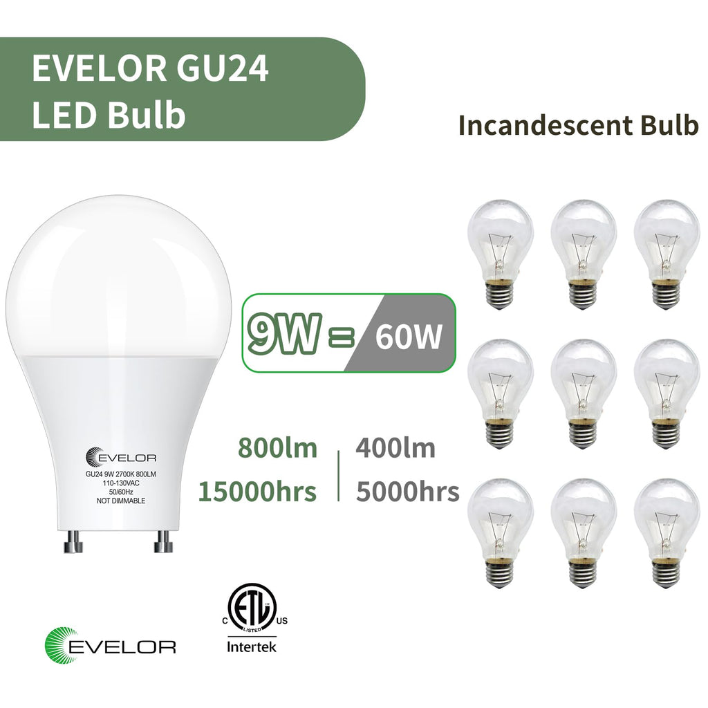 evelor GU24 LED Light Bulbs,60 Watt Equivalent,Soft White 2700K,6-Packs