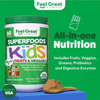 Feel Great USDA Organic Super Greens Powder for Kids - Cocao Chocolate | Fruit & Veggie Supplement | Superfood Powder with Probiotics & Digestive Enzymes for Digestive Health | 60 Days Supply