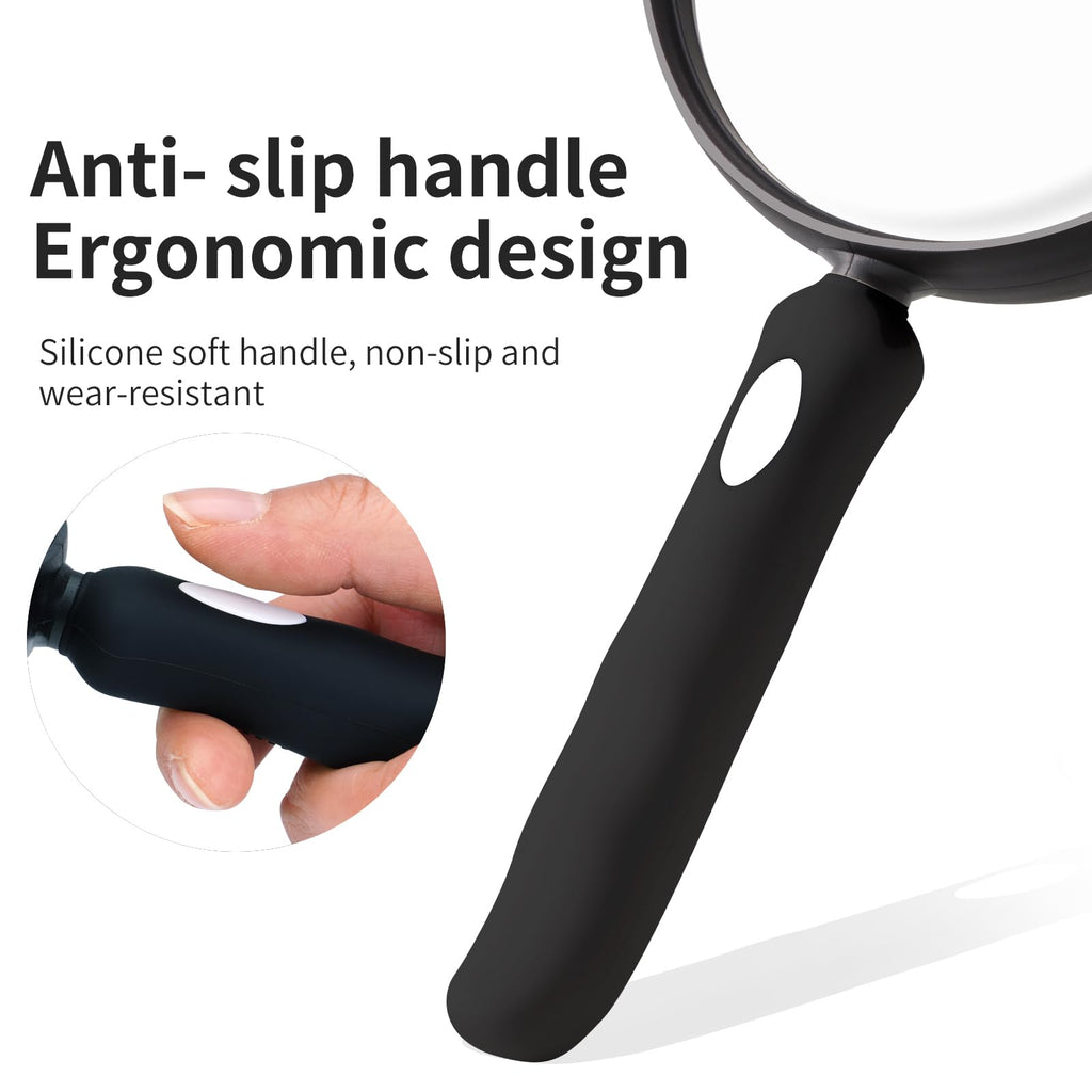 10X Large Magnifying Glass for Reading, Upgraded Handheld Magnifier with 5.12inch Anti-Glare Lens, Non-Slip Handle for Close Work, Seniors Reading, Kids Nature Exploration, Hobby Observation