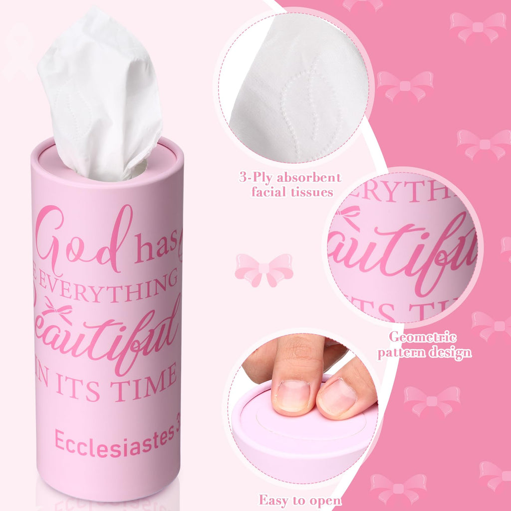 Outus 12 Pcs Christian Car Tissues Cylinder Holder with 3 Ply Facial Tissue Bulk Pink Bow Religious Round Tissue Holder Inspirational Scripture Travel Tissues Boxes Container for Car Cup Home Office