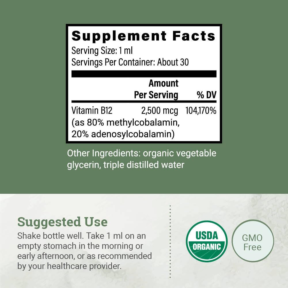 USDA Organic Vitamin B12 2000mcg Sublingual Liquid Supplement (2-Pack) - Vegan Methylcobalamin Drops for Natural Energy, Maintain Metabolism, and Immune System Support - 1 Fl Oz