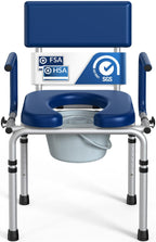 HolyHeal Drop Arm Bedside Commode, Commode Toilet with Padded Seat and Backrest, 300lbs Capacity, 6.3QT Removable Bucket and Splash Guard, Adjustable Height Portable Toilet for Adults, Blue
