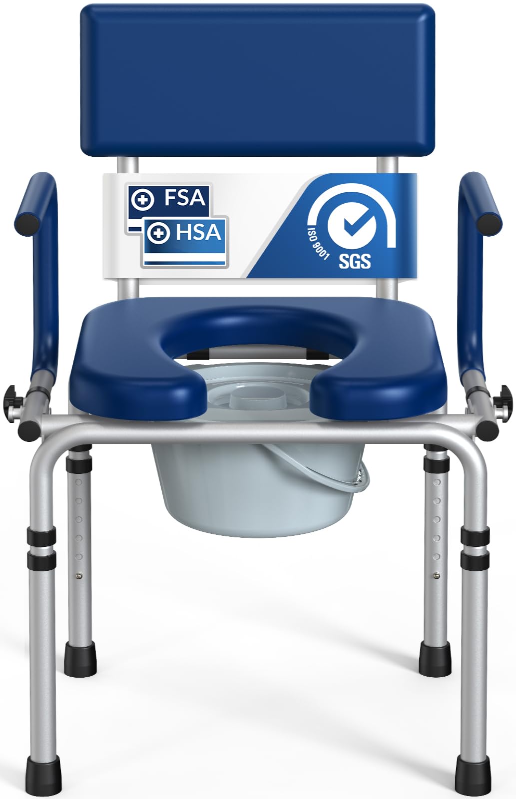HolyHeal Drop Arm Bedside Commode, Commode Toilet with Padded Seat and Backrest, 300lbs Capacity, 6.3QT Removable Bucket and Splash Guard, Adjustable Height Portable Toilet for Adults, Blue
