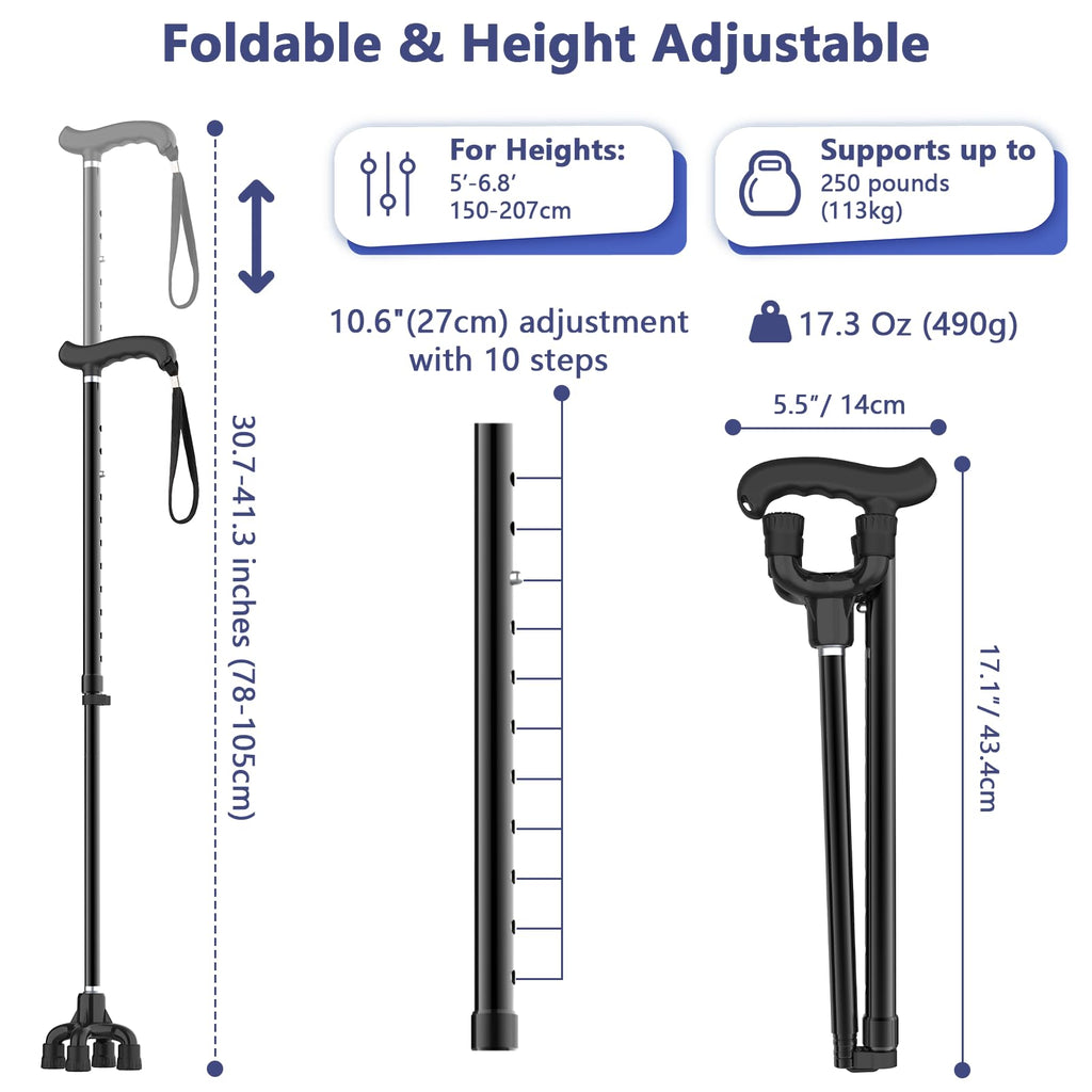 Folding Walking Stick For Women & Men, Walking Cane with 4 Feet, Pivot Tip, Self Standing,Heavy Duty,Adjustable Foldable Walking Stick, Collapsible Walking Sticks For Men & Ladies