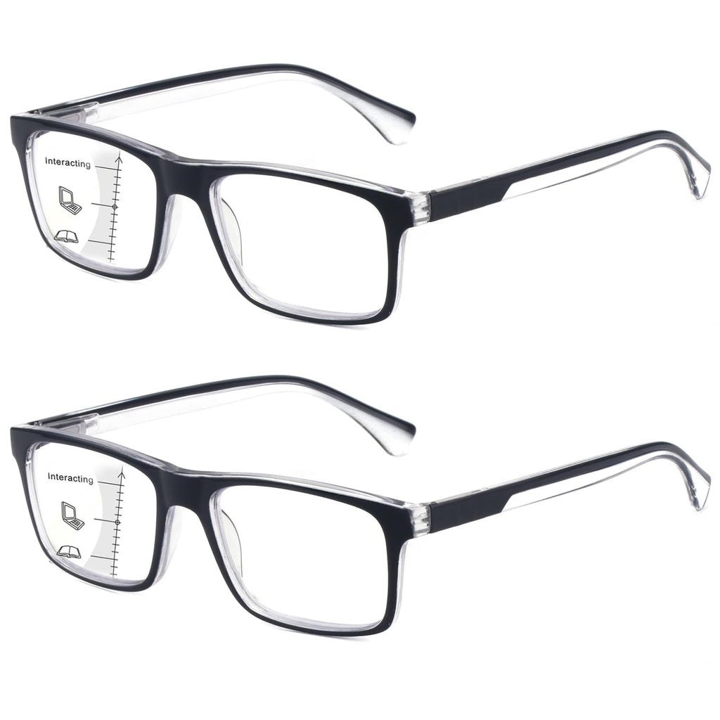 Missfive 2-Pack Mens Light Multifocus Progressive Reading Glasses Blue Light Blocking, Multifocal Spring Hinge No-Line Trifocal Readers Black Eyeglasses(Workspace For Near Range, +2.5)