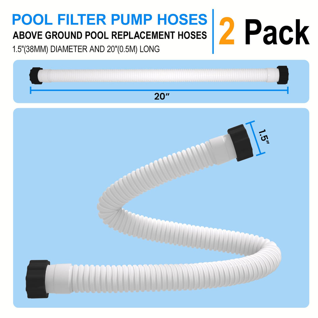 1.5" x 20" Pool Hose Replacement, Pack of 2 - Compatible with Above Ground Pools Filter Pump Hoses, Sand Filters, Saltwater Systems (1,500-2,500 GPH), White