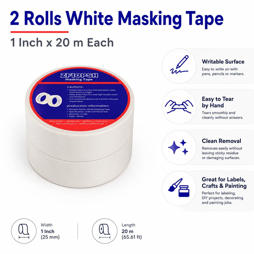 ZFIOPSH White Masking Tape 1 Inch, 2 Rolls Painter Tape, Easy Tear Paper Tape for Watercolor Painting, Labeling, Crafts, DIY, Art Projects & Classroom Use, 21.87 Yards Each.