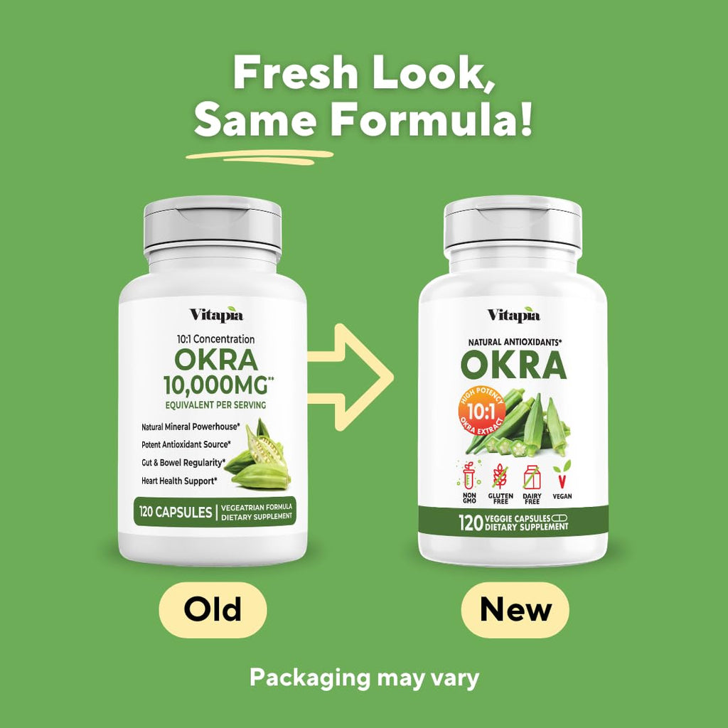 Vitapia Okra Extract - Heart Health, Antioxidant, Gut & Digestion, Wellness Support - 10:1 Ratio & 120 Veggie Capsules - Non-GMO, Gluten-Free, Vegan Supplement