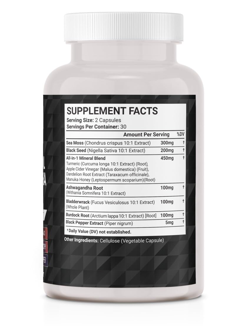 Sea Moss Black Seed Oil Ashwagandha Turmeric Bladderwrack Burdock - with Manuka, Honey Dandelion, ACV Black Pepper Gluten Free - 60 Count