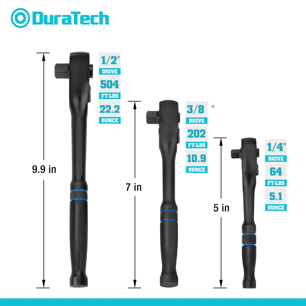 DURATECH 3-Piece Drive Ratchet, 1/4", 3/8", 1/2" 90-Tooth Quick-Release Ratchet Wrench, Reversible, Cr-V Made, 4° Swing, Manganese Phosphate Black Finish, Gifts for Men Gifts for Women