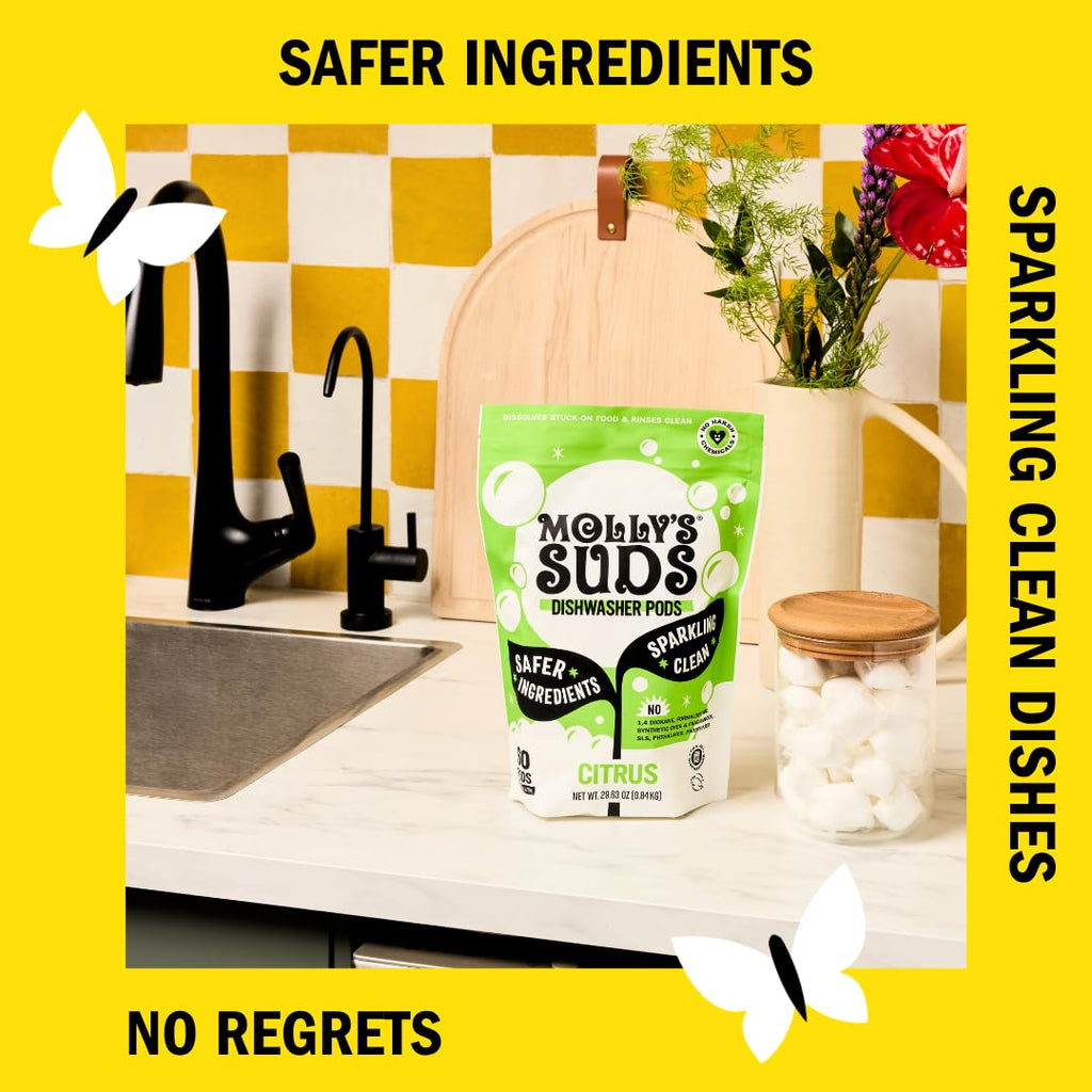 Molly's Suds Dishwasher Pods | Clean Dishwasher Detergent, Cuts Grease & Rinses Clean (Residue-Free) for Sparkling Dishes | 120 Auto-Release Tabs (Citrus)