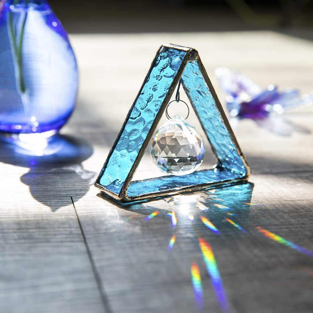 Blue Stained Glass Pyramid Suncatcher Hanging Ornament Window Decor