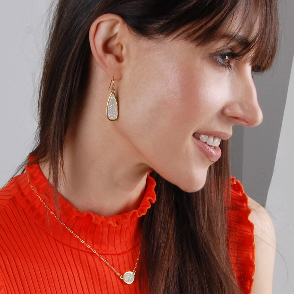 Faux Opal Druzy Drop Dangles, Gold Tone Sparkly Teardrop Earrings for Women
