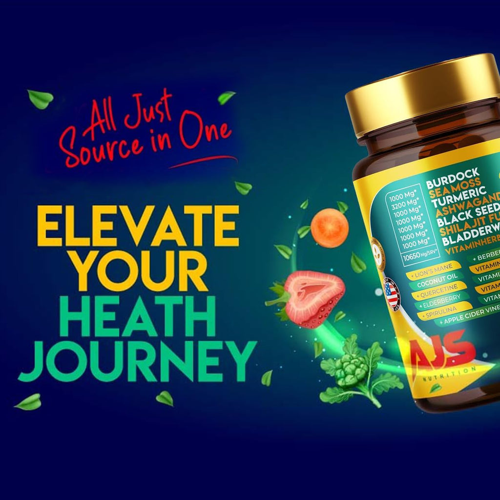 AJS Sea Moss Capsules 3200mg, Himalayan Shilajit 1000mg with Black Seed Oil, Ashwagandha, Turmeric, Bladderwrack, Burdock, Vitamins, Berberine, Lion’s Mane Mushroom, Elderberry- 90 Caps