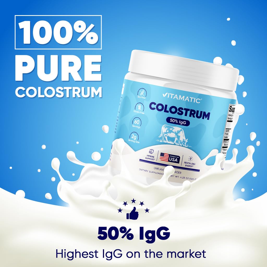 Vitamatic Bovine Colostrum Powder - 50% Highest IgG -120 Gram - Supplement for Gut Health, Hair Growth, Beauty, Muscle Recovery, & Immune Support - Easy to Mix - Unflavored - 60 Servings