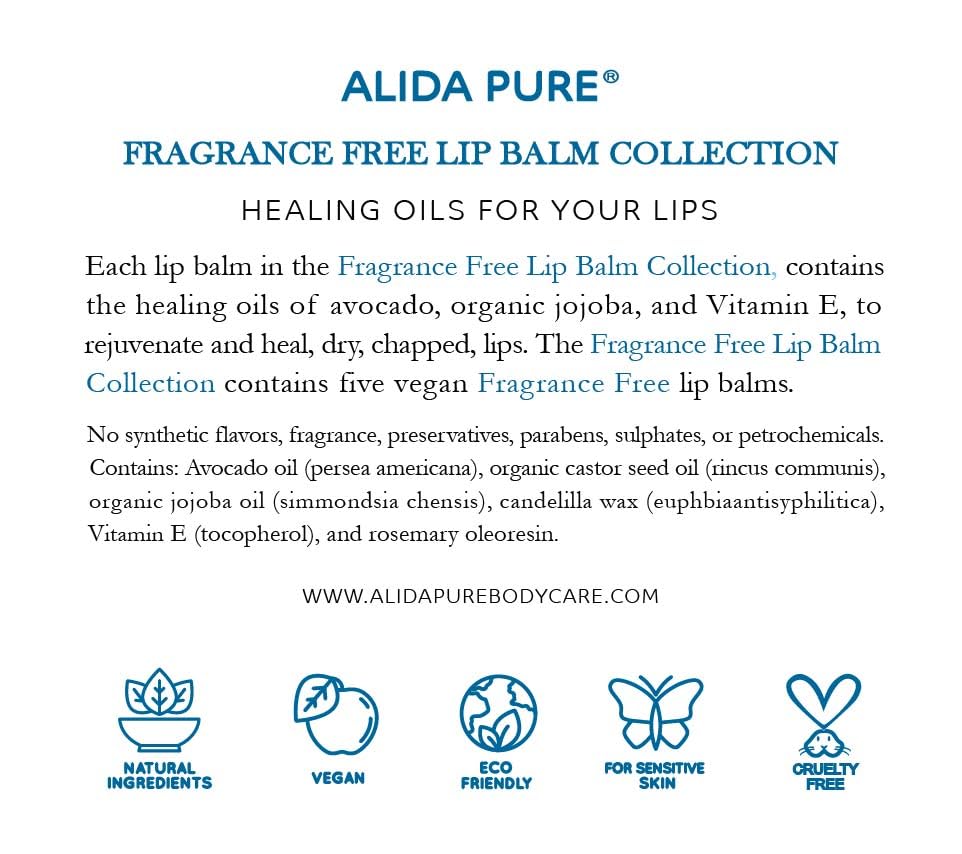 ALIDA PURE Fragrance Free Lip Balm, Vegan Set, Unscented, No Flavor, Beeswax Free, Organic Jojoba and, Avocado Oil, Vitamin E, Natural Moisturizer for Dry, Chapped, or Cracked Lips, 5 Tube Set