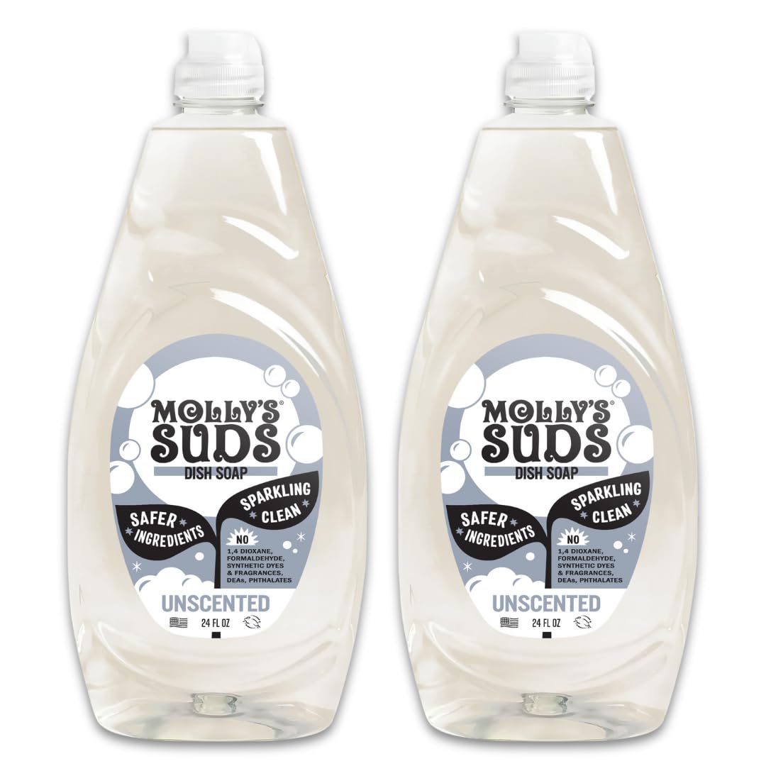 Molly's Suds Liquid Dish Soap | Clean, Simple Ingredients | Extra Scrubbing Power | Unscented, 24 oz - 2 Pack