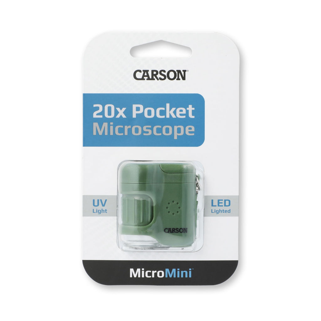 Carson MicroMini 20x LED Lighted Pocket Microscope with Built-in UV and LED Flashlight, Green (MM-280G), Large