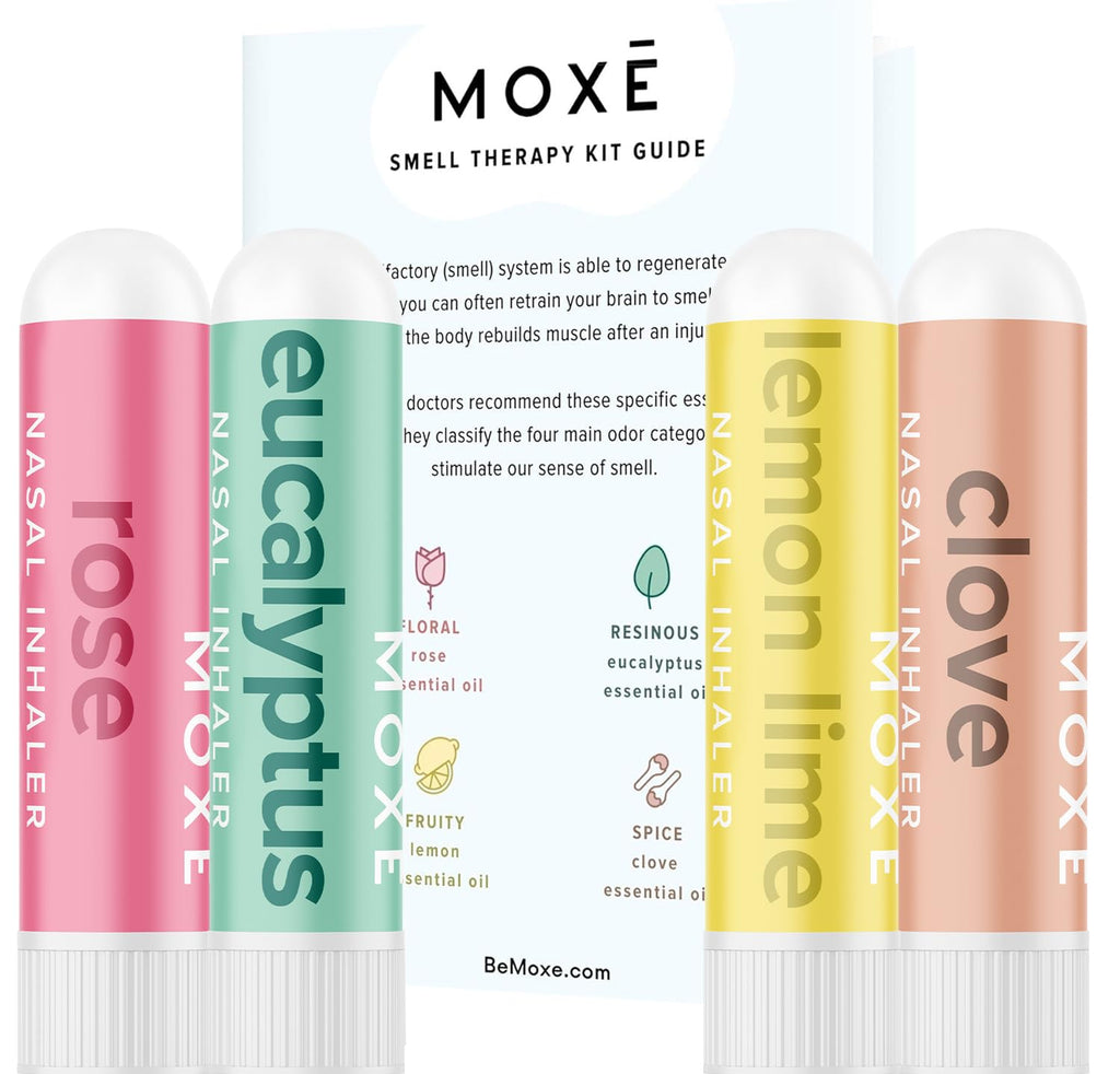 MOXĒ Smell Training Kit, Made in USA, 4 Essential Oils, Olfactory Regeneration, Helps Restore Sense of Smell, Natural Therapy for Smell Loss, Lemon, Rose, Clove, Eucalyptus, Guidebook, Personal Log