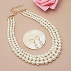 S SUSANN Costume Layered Gold Pearl Necklace Choker Chunky Glass Statement Necklace and Earring, good gift for women Faux pearl necklace (Pearl collar necklace)
